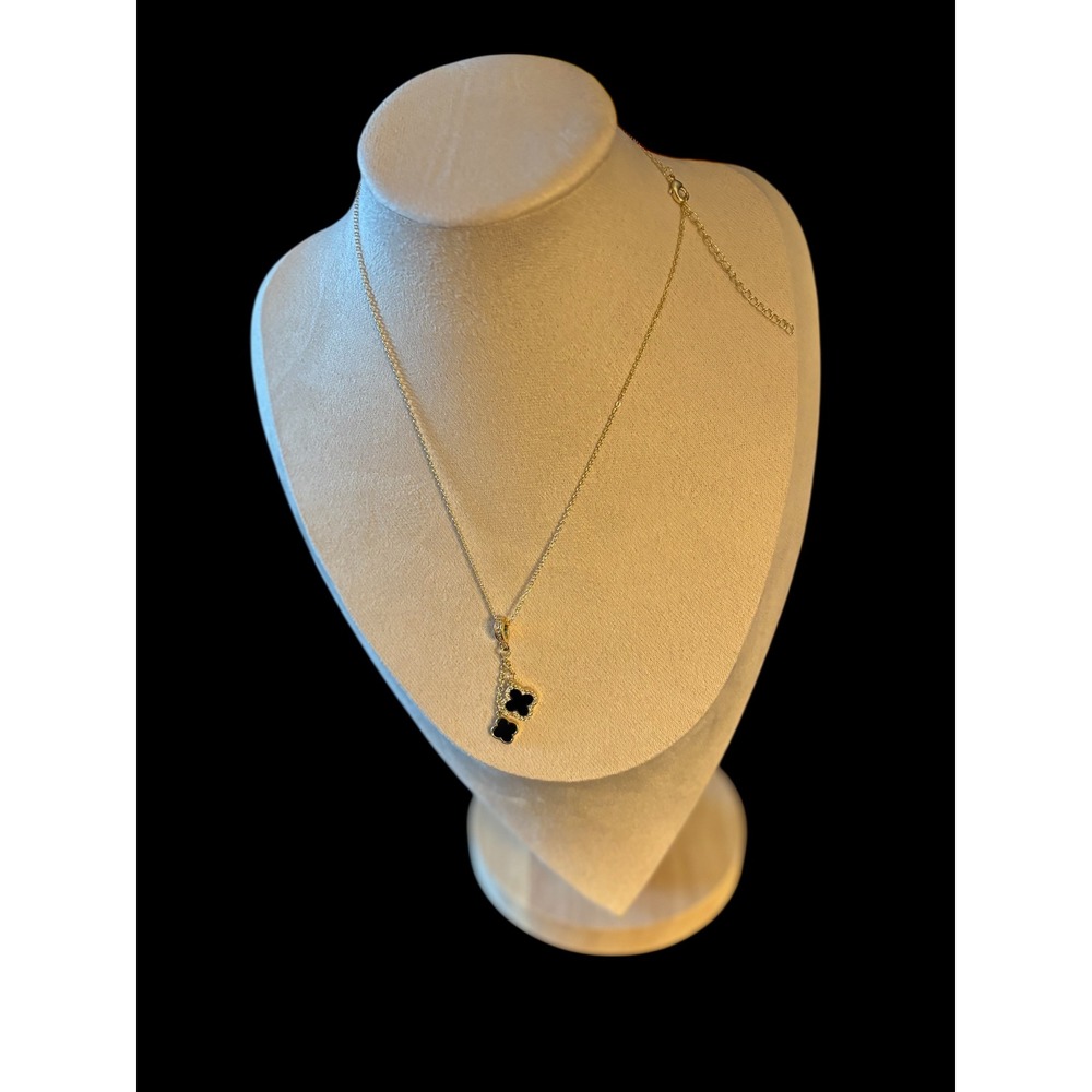 Gold Tone Double Clover Drop Necklace Black Enamel Adjustable Chain - Picture 3 of 5